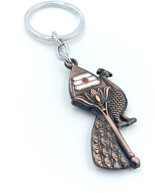 Antique Copper Murugan Vel, Peacock, and Shiva Lingam Devotional Keychain