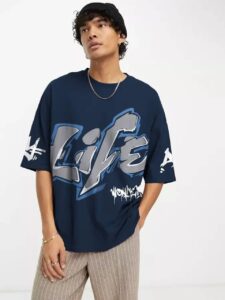 L Size Men Printed, Typography Round Neck Cotton Blend Dark Blue T-Shirt